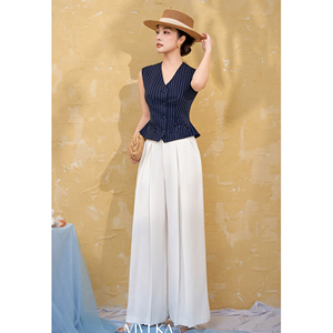 <b>Women's</b> Morden <b>Navy</b> Striped Tailored V Neck Peplum Back Design Vest Office Casual <b>Waistcoat</b> Polyester Spandex Custom Design HIRA - Product Image 2
