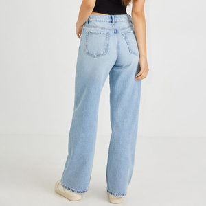 High Waist Wide Leg Plus Size Women's Jeans Light Washed Full Length Casual Style Button Fly Solid Color Cotton Denim - Product Image 4