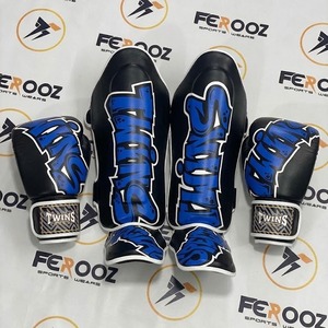 Gants de boxe et protège-tibias en cuir de vachette véritable de qualité professionnelle, très demandés, pour le kickboxing, couleur verte et noire imprimée - Product Image 5