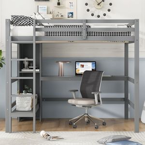 Full Size Gray Loft <b>Bed</b> with Multifunction Shelves and <b>Underbed</b> Desk for Small Spaces - Product Image 2