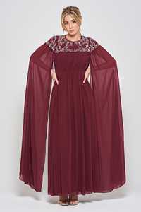 Modern Embellished <b>Sheer</b> Cape Sleeve Tea-Length Wrap Silhouette Evening Gown with Built-in <b>Bra</b> Embroidery & Beaded Decoration - Product Image 4