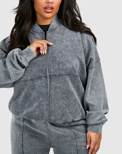 Ensemble de survêtement pour femme de haute qualité, 100% coton, effet délavé à l'acide, sweat à capuche zippé et pantalon de jogging, 2 pièces, hiver, broderie personnalisée, impression 3D en relief - Product Image 3