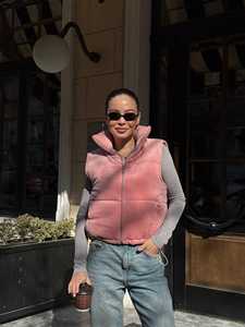 Women's Pink Quilted Puffer <b>Vest</b> Stand Collar Zipper Closure Solid Color Autumn Wear - Product Image 1