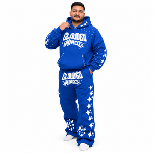 Ensemble survêtement homme personnalisé 350 GSM avec impression en relief et strass, bleu, coupe oversize, streetwear, marque privée, OEM, vente en gros - Product Image 5
