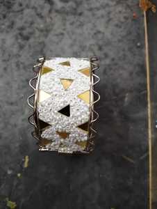 Handmade Embroidered Hinged Cuff Bracelet with Shell Beads and Gold <b>Mirror</b> Boho Fashion Jewelry - Product Image 1