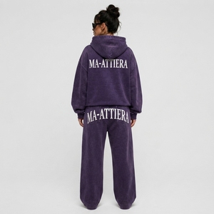 Custom <b>Purple</b> Oversized Hoodie and Wide Leg Sweatpants Set <b>Women</b> Cotton Fleece <b>Tracksuit</b> OEM ODM Wholesale - Product Image 2
