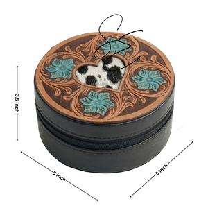 Caja de Joyería Vintage de Cuero Vacuno con Diseño Floral Western, Estuche de Cuero Grabado con Pelo de Vaca, Corazón Turquesa, Organizador de Joyas de Diseño para Mujer - Product Image 3