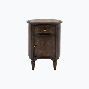 Mesa de Noche de Madera de Teca en Tono Nogal Oscuro, Gabinete de Almacenamiento Tipo Tambor con un Cajón - Product Image 1
