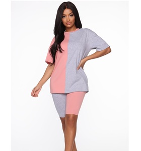 Conjunto de Camiseta Corta y Pantalones Cortos Grises para Mujer con Estampado de Labios Rojos, Atuendo Casual de Verano, Cuello Redondo, Manga Corta, Algodón Ligero - Product Image 4