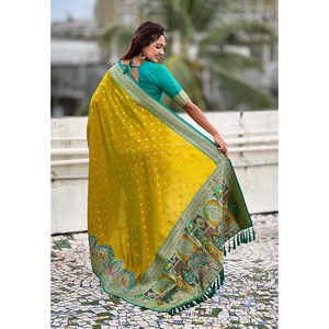 Sari de Seda Darbari Verde Mehendi con Tejido Zari, Conjunto Elegante para Mujer - Product Image 6