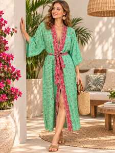 Bata cruzada con cuello en V y estampado floral para mujer, mangas tres cuartos, cierre con cordón de longitud completa, ropa informal de verano - Product Image 1