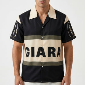 เสื้อเชิ้ตแขนสั้นลำลองผู้ชาย Giara ลายพิมพ์โลโก้สีดำเบจ ลายทาง ปกคอเสื้อพับได้ ทรงบ็อกซ์ สไตล์สตรีทแวร์ เสื้อสำหรับฤดูร้อน - Product Image 2