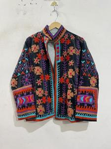 Veste en velours Suzani brodée multicolore verte, style bohème traditionnel, imperméable, col montant, fermeture éclair, printemps - Product Image 5