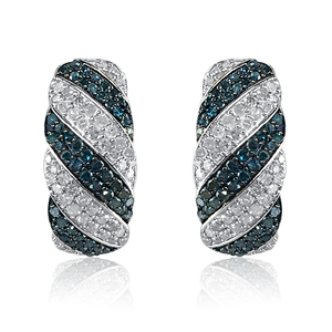 1.40 Cttw Round Cut Blue & White Natural Diamond <b>Huggie</b> Hoop Earrings 925 <b>Sterling</b> <b>Silver</b>, Color Enhanced Blue Diamonds - Product Image 1