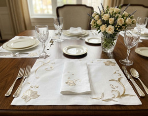 Ensemble de sets de table en lin 100% brodé de feuilles, blanc, avec serviette, lavable en machine, décoration de table pour la maison et les fêtes - Product Image 4