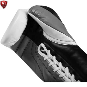 Gants de boxe SUMROOS SI en cuir de vachette blanc et noir, à lacets, durables, confortables, avec sangle de poignet réglable - Product Image 4
