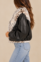 Blouson aviateur en cuir noir pour femme avec col en fausse fourrure, coupe courte, manteau d'hiver