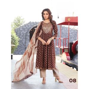 PANTALÓN DE TRABAJO CON ESTAMPADO DORADO DE ALGODÓN DE DOS TONOS DE DISEÑADOR CON DUPATTA CHICKU - Product Image 1