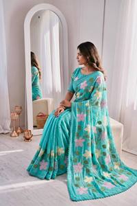 Turquoise Floral Embroidered Silk Saree With Lace Border Traditional Indian Wear For Women Wedding Occasion All Seasons - Product Image 3