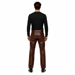 Pantalones de moto de cuero personalizados, de piel de cordero granulada, de pierna recta, perforados, lavados, para hombre, estilo urbano, otoño/invierno, de fábrica OEM - Product Image 2