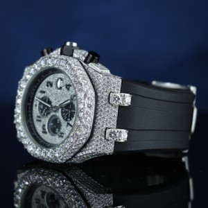 Montre chronographe de luxe en acier inoxydable glacé, avec lunette entièrement sertie de diamants Moissanite CZ, montre à quartz pour homme, bracelet en caoutchouc noir - Product Image 2