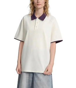 Polo oversize pour femme, couleur unie, manches courtes, décontracté, en tissu Oxford de coton, col et poignets violets, best-seller 2026, ODM - Product Image 1