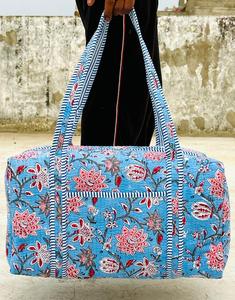 Women's Blue Floral Printed Weekender <b>Duffel</b> <b>Bag</b> with Striped Handles Large Capacity Travel Tote Zipper Closure Textile Material - Product Image 3