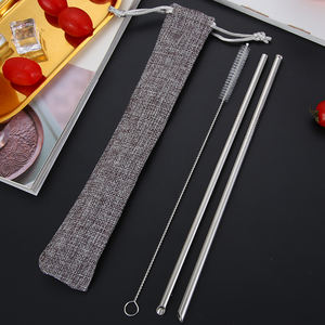 Accessoires de bar en acier inoxydable écologiques certifiés LFGB, paille à boire biseautée avec pochette en lin et brosse de nettoyage - Product Image 4