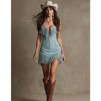 Mini-robe Azure en faux daim à franges avec fermeture éclair frontale apparente, style bohème chic, robe de soirée à pompons, style western, sans manches