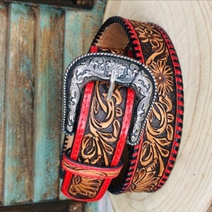 Ceinture en cuir pleine fleur tanné végétal pour homme, style western, avec boucle en laiton gravée de motifs floraux, fabrication artisanale – Grande Vente - Product Image 3