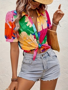 Blusa Casual de Verano 2026 para Mujer, con Estampado Floral Tropical, Manga Abullonada y Botones, Venta al Por Mayor - Product Image 2