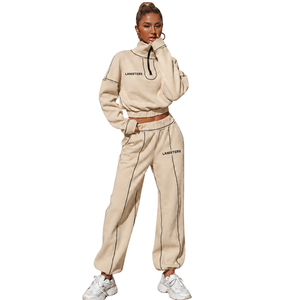 Conjunto Deportivo de Dos Piezas para Mujer, Estilo Casual, con Cierre de Cremallera, Cuello Alto, Cintura Elástica, Corte Holgado, Ropa Deportiva - Product Image 1