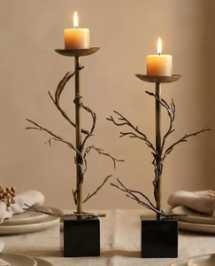 Modern Rustic Brass Twig & Branch Pillar <b>Candle</b> Stands – <b>Set</b> of 2 Sculptural Botanical Pedestals for Dining Table Centerpiece - Product Image 1