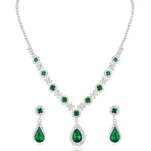 Parure de bijoux de luxe vert olive avec zircon, collier et boucles d'oreilles en forme de fleur, pour femme, classique, scintillant, avec pendentif en cristal, idéal pour les fêtes, cadeaux, en cuivre et argent - Product Image 5