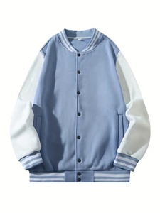 Veste universitaire unisexe bleu clair, color-block, doublure polaire, décontractée, coupe classique, col rabattu, fermeture boutonnée - Product Image 1