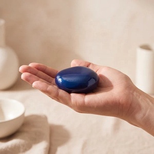 Sculptural Keepsake Urn Blue Metal Pebble Design Glossy Finish Compact <b>Memorial</b> Ashes Holder with Contemporary <b>Form</b> - Product Image 3