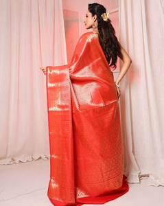KV Traditional <b>Red</b> Handwoven Brocade Silk Saree with Zari Woven Designs & Unstitched <b>Blouse</b> for Party Occasions - Product Image 5