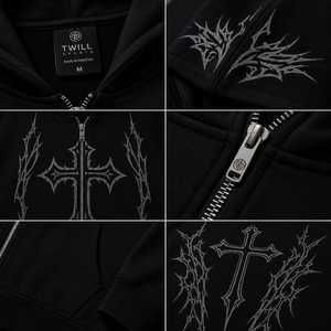 Sudadera con capucha gótica para hombre, con cremallera, de algodón negro, forro polar, estampado digital de cruz, corte regular, bolsillo frontal en la manga, lavado ácido, estilo invierno - Product Image 3