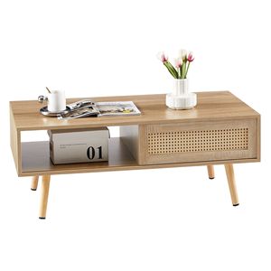 Tavolino da Salotto Moderno 105 cm con Porta Scorrevole e Vano Portaoggetti, Gambe in Legno Massello, Rattan Naturale - Tavolino da Caffè - Product Image 5