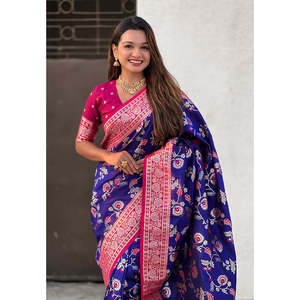 Sari en soie douce violet Banarasi avec contraste Jaal, tissé avec des fils Zari - Vêtements indiens et pakistanais - Product Image 2