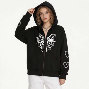 Women <b>Gothic</b> Spider Web Print Hoodie Black Full Sleeve Zipper Front Pocket Loose Fit Autumn Wear - Product Image 1