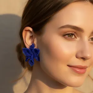 BEST SALE Navy <b>Blue</b> Orchid <b>Earrings</b>, Beaded Flowers, Statement Floral Jewelry, Seed Bead <b>Studs</b>, Botanical Gift FOR ANNIVERSARY - Product Image 1