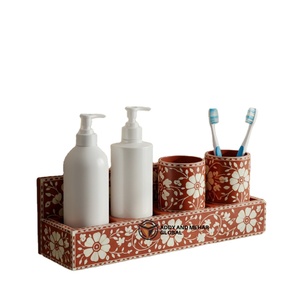 Handcrafted Floral Bone Inlay Bathroom Organizer <b>Set</b> Wall-Mounted Vanity Shelf with Dual <b>Soap</b> Dispensers and Toothbrush Holders - Product Image 1
