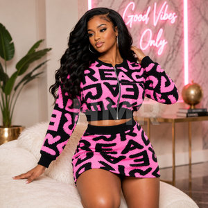 HMR Sisterhood Sorority Knitted Two Piece Set Pink <b>Black</b> Letter Print Zipper <b>Top</b> With Mini <b>Skirt</b> Sexy Club Wear - Product Image 3