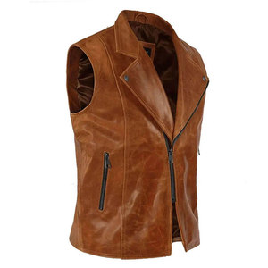Gilet en cuir véritable pour homme, col en V, fermeture éclair sur le devant, couleur unie, coupe-vent, veste de moto, coupe régulière, vêtements d'hiver en polyester - Product Image 2