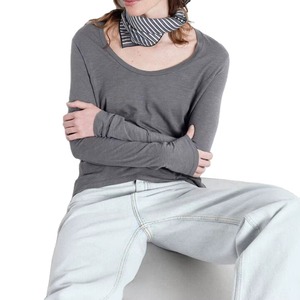 Haut décontracté gris à col rond et manches longues pour femme, en tricot 100 % coton respirant, coupe classique, couleur unie, basique - Product Image 1