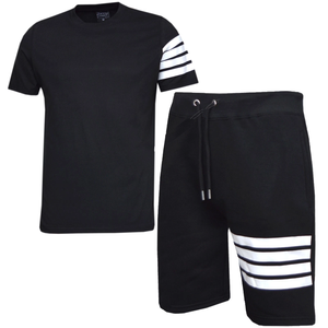 Men's Casual T-Shirt and Shorts <b>Set</b> Striped Design Crew Neck Cotton Spandex <b>Knitted</b> Breathable Summer Wear - Product Image 2