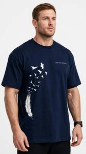 ONETEN APPAREL <b>Men's</b> <b>Navy</b> <b>Blue</b> Feather Bird Print <b>T</b>-<b>Shirt</b> Short Sleeve O-Neck Regular Fit - Product Image 1