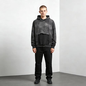 Sudadera con Capucha Extra Grande, Lavada, Desgastada y Rota, para Hombre, Negra, Felpa Francesa, 100% Algodón, Estilo Urbano Otoñal - Product Image 3