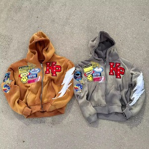 Sudaderas con capucha de moda urbana con logotipo y diseño bordados personalizados con efecto acid wash para unisex, sudaderas con capucha con cremallera transpirables de alta calidad - Product Image 1